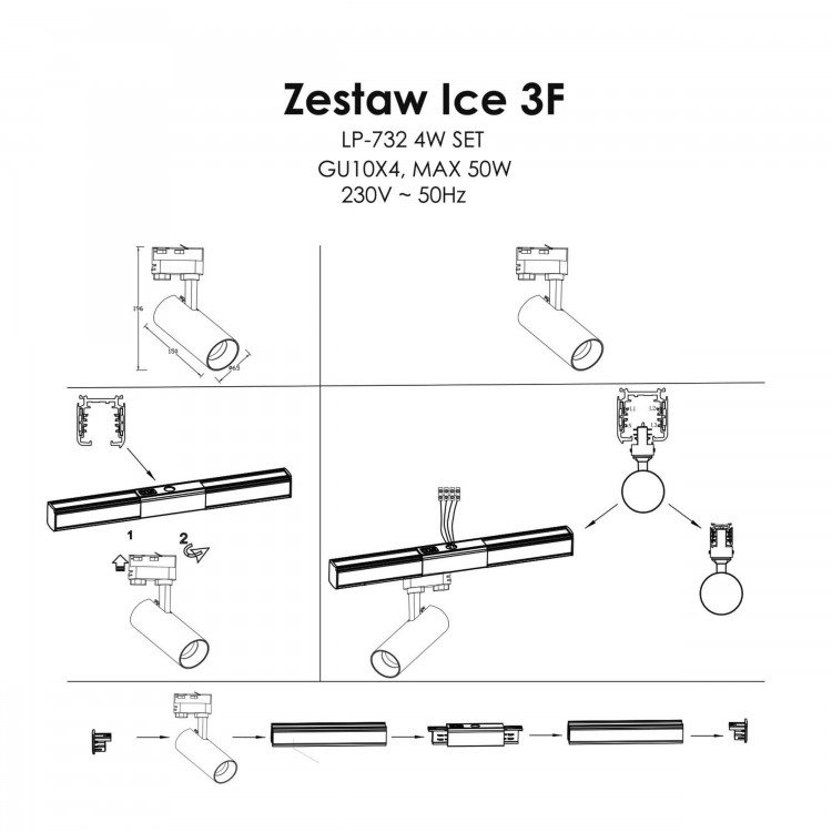 Zestaw oświetlenia szynowego Ice SET 3F czarny 4xGU10 - 5113