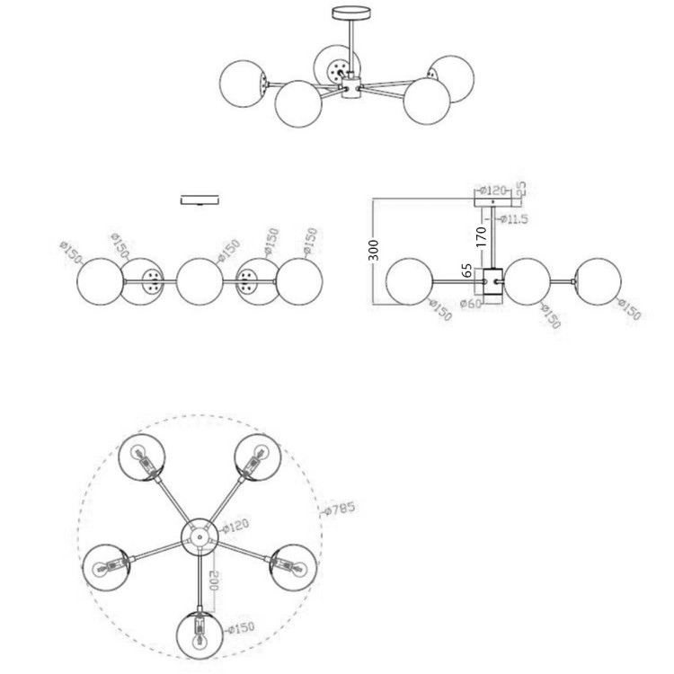 Lampa wisząca Roma 5 czarna 5xE14 - 8044